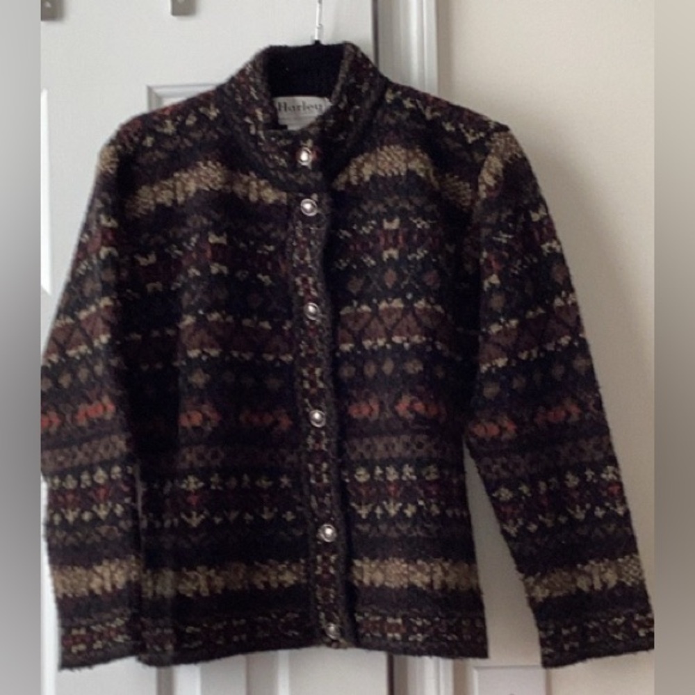 Harley of Scotland fair isle cardigan sweater heritage Merino wool traditional S